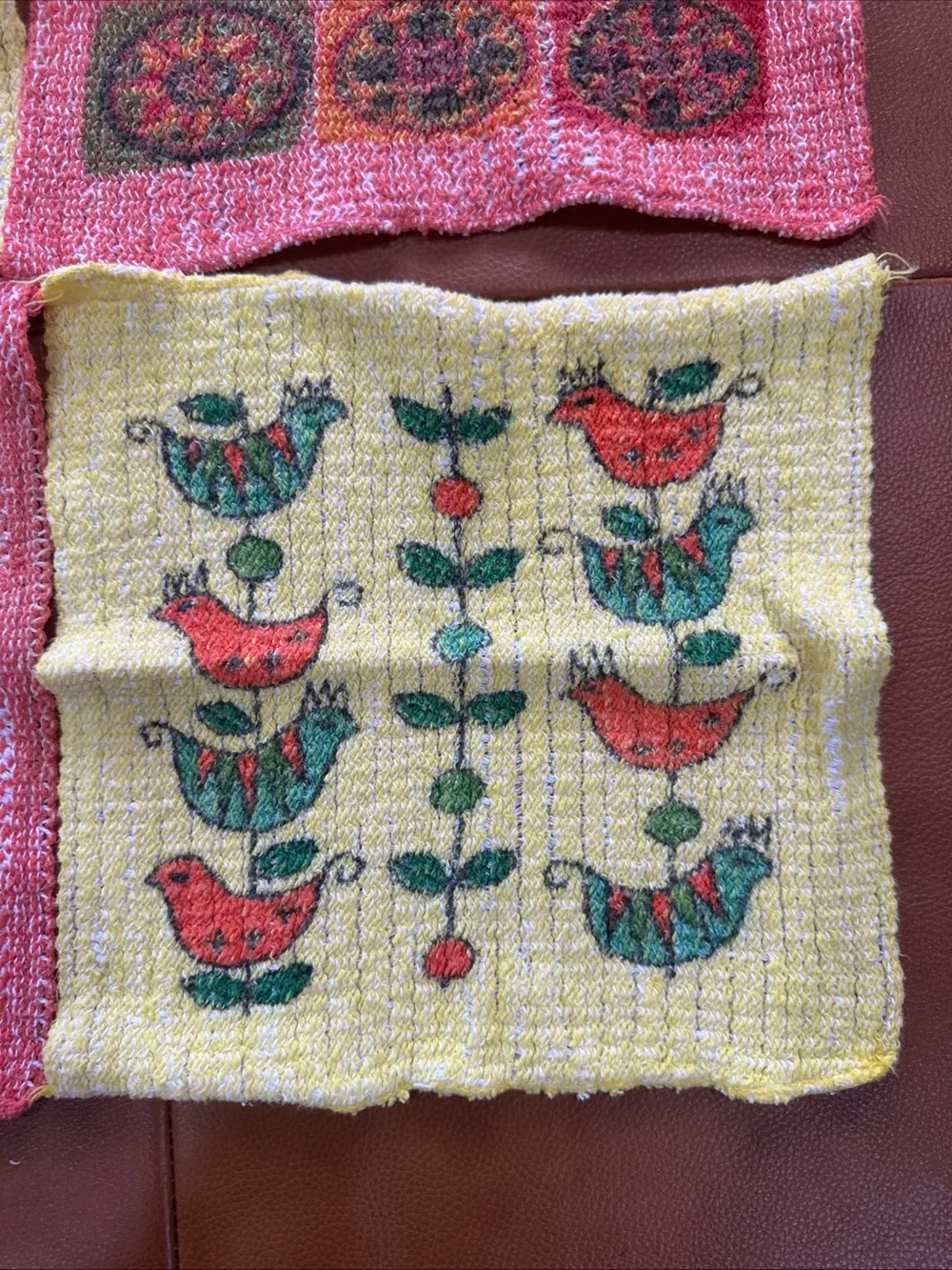 Vintage Swedish Style Printed Knit Dishcloths Lot of 4 Bird/Rooster 10x10